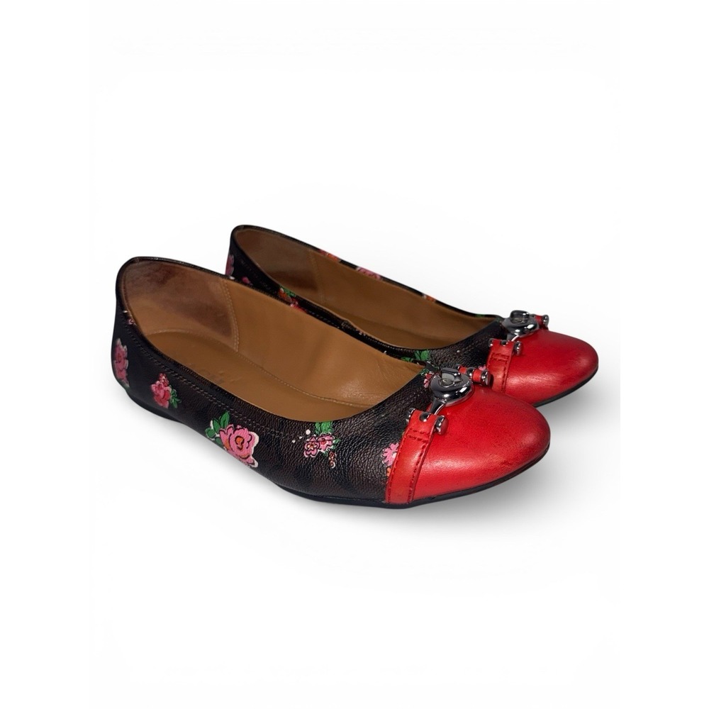 Coach Leila Signature Red‎ & Black Floral Pattern Flats Size 7.5B